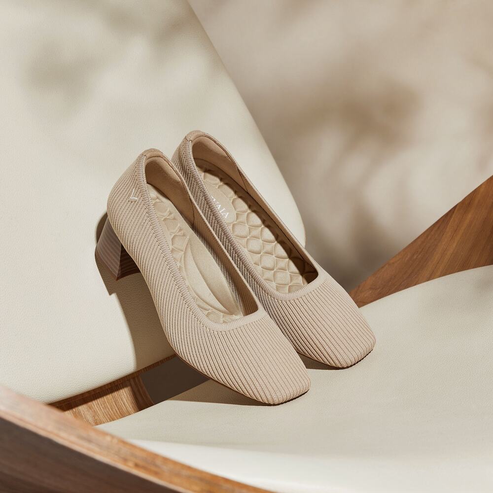 Vivaia Melody Pro Square Toe Chunky Heels Old Money Office Knit Comfort Almond 9